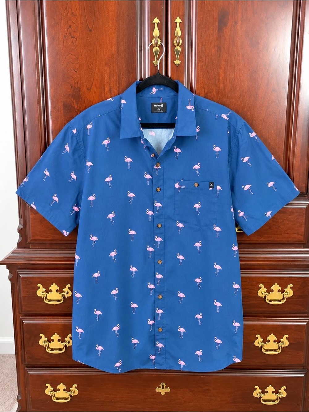 Hurley Men’s Navy Blue Short Sleeve Shirt with Pink Flamingo Print